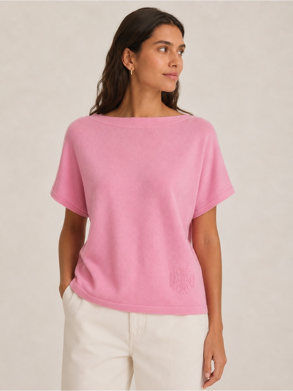 Barrie Cashmere Pink Short Sleeve Knit Top with Boat Neck and Knitted Logo